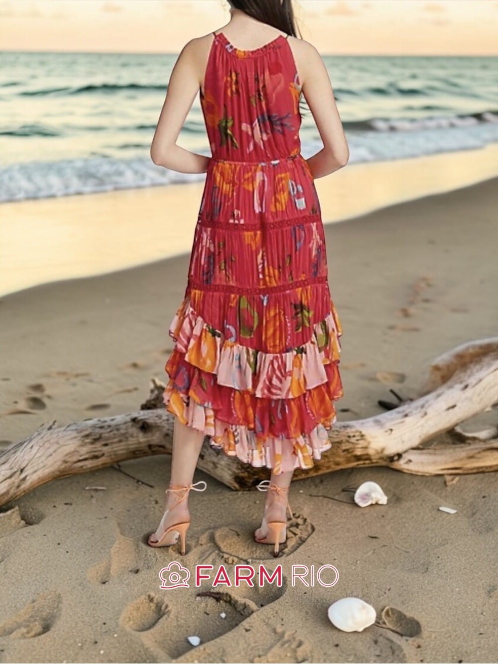 FARM Rio Mixed Fruits Ocean Maxi Dress Tropical Tiered Ruffle Sz L NWOT - Picture 2 of 6